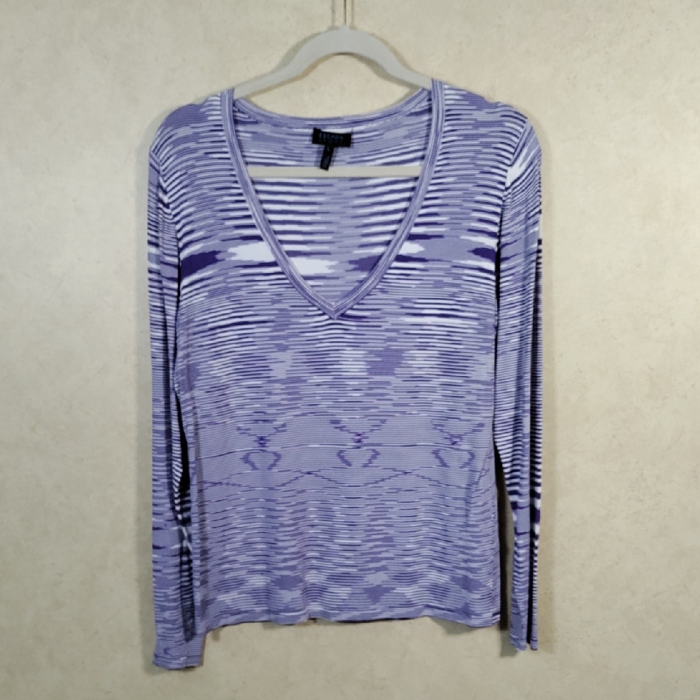 G144 Escada Sport purple & white L/S v-neck knit blouse L